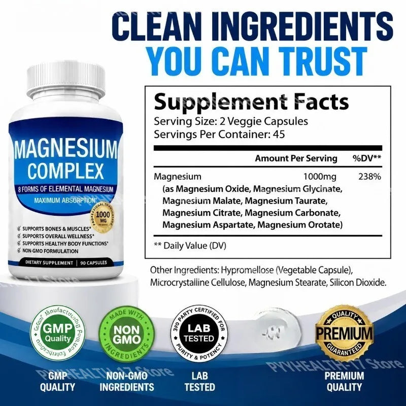 Nutrition Magnesium Complex Capsules 8-Form Elemental Magnesium Supports Healthy Body Functions 1000 Mg 90 Capsules