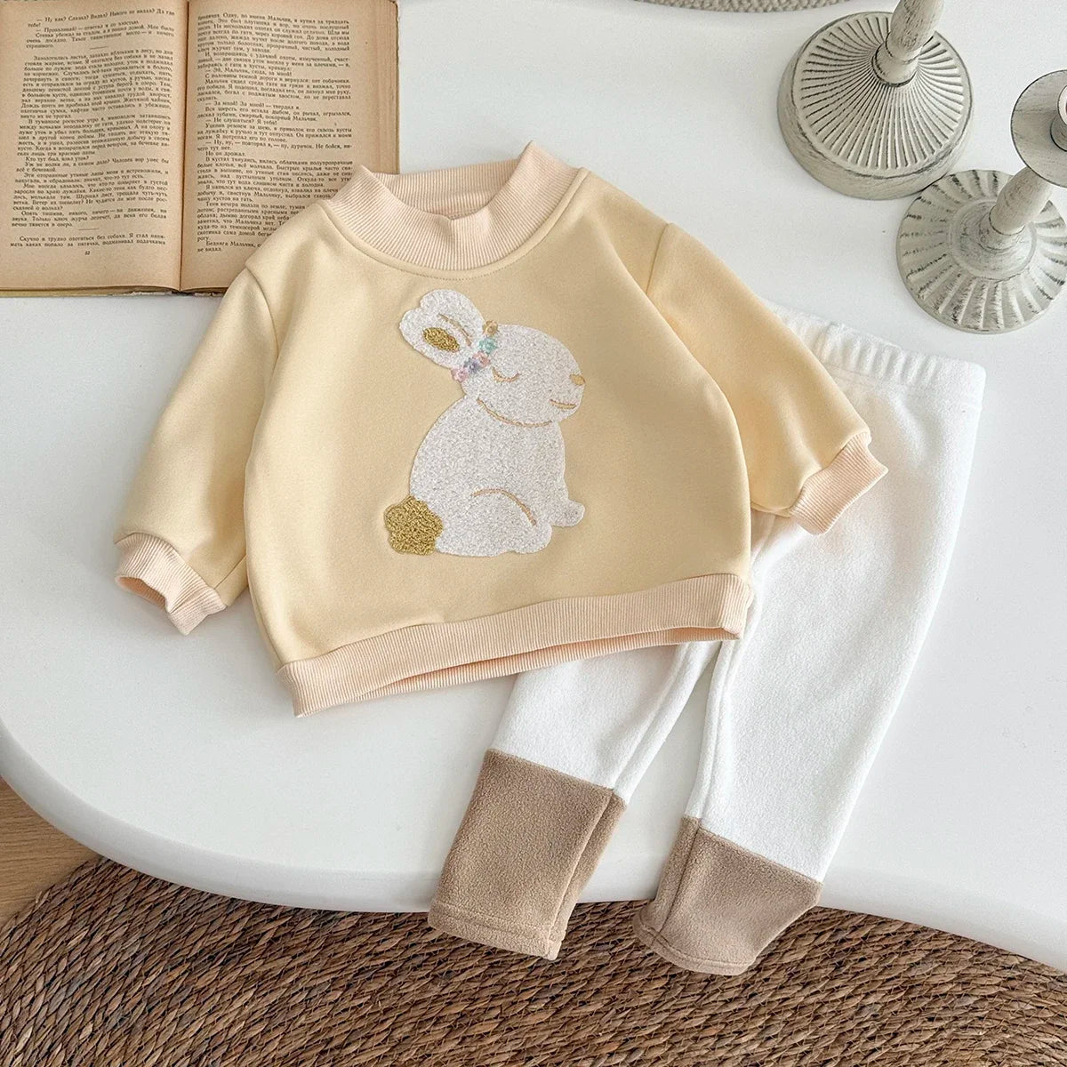 Baby Girl Cute Rabbit Pattern Embroidery Long Sleeved O-neck Sweatshirt+casual Simple Pants Set Autumn Winter Thickened Set