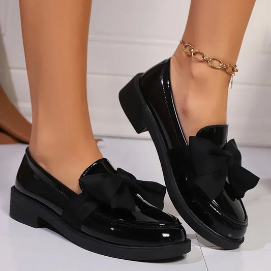 Fashion Bowknot Slip On Loafers for Women 2025 Summer Solid Color Patent Leather Shoes Woman Comfort Soft Sole Platform Loafers