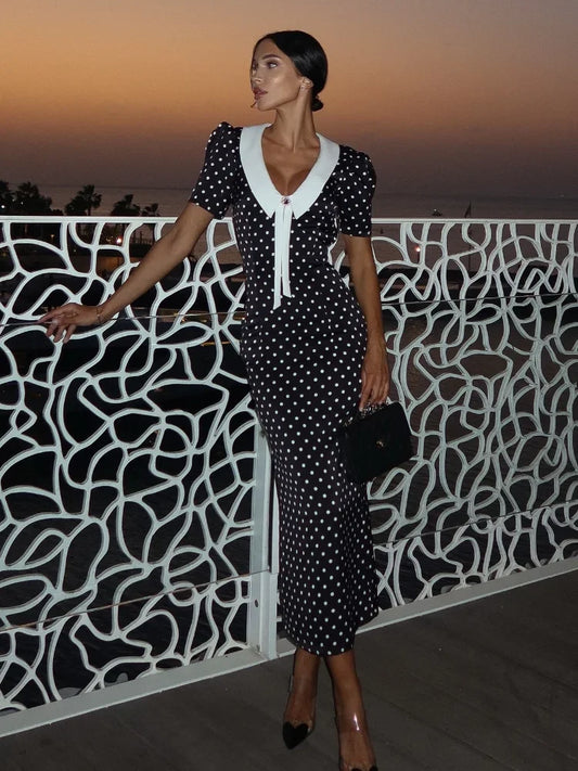 Polka Dot Printed Maxi Dress Women Fashion Chic Puff Sleeve Patchwork High Waist Slim Robes 2025 Elegant Party Long Dress Gowns