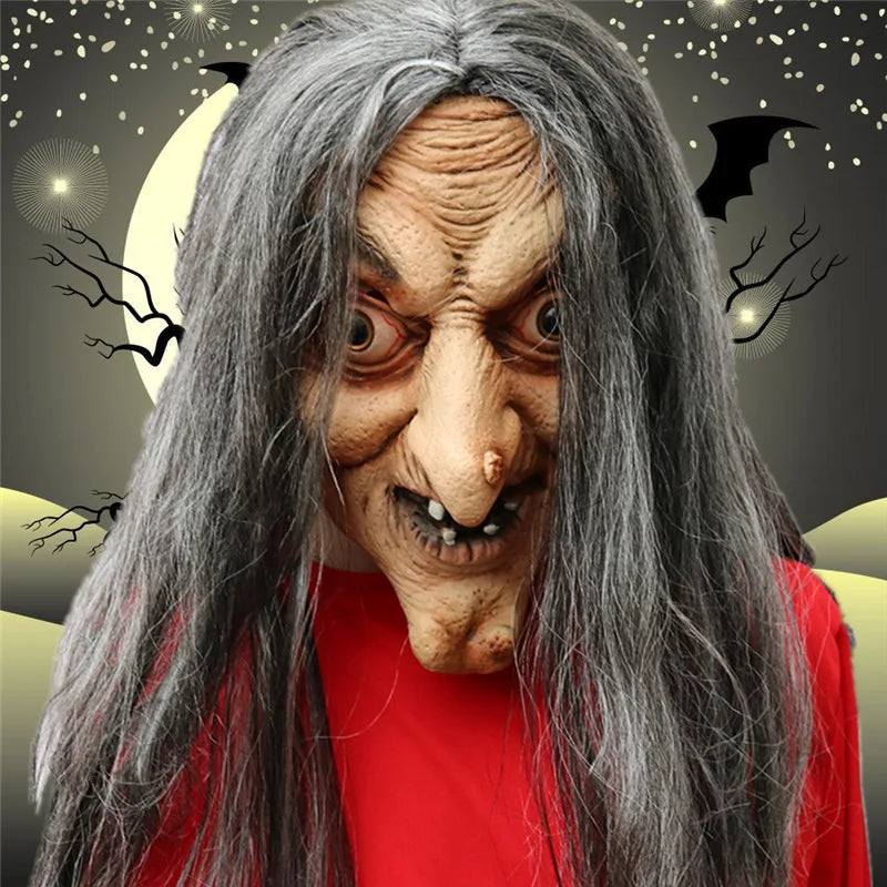 Halloween Old Witch Latex Mask with Long Hair Scary Ghost Face Costume for Party Cosplay & Roleplay