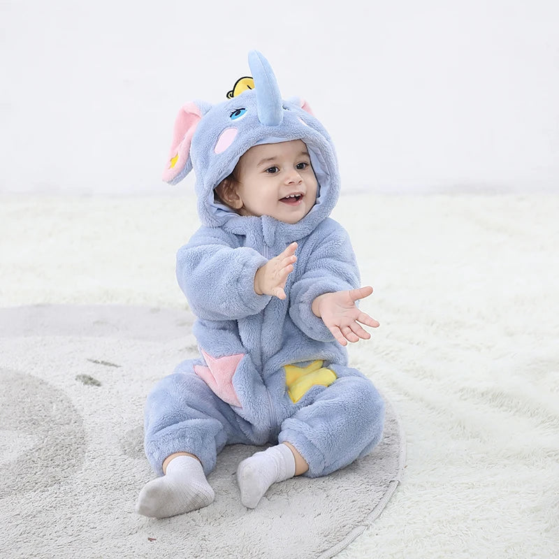 New Cute Elephant Newborn Baby Clothes Bodysuit Winter Flannel Boys Girls Romper Warm Cosplay Costume Outfit Hooded Jumpsui
