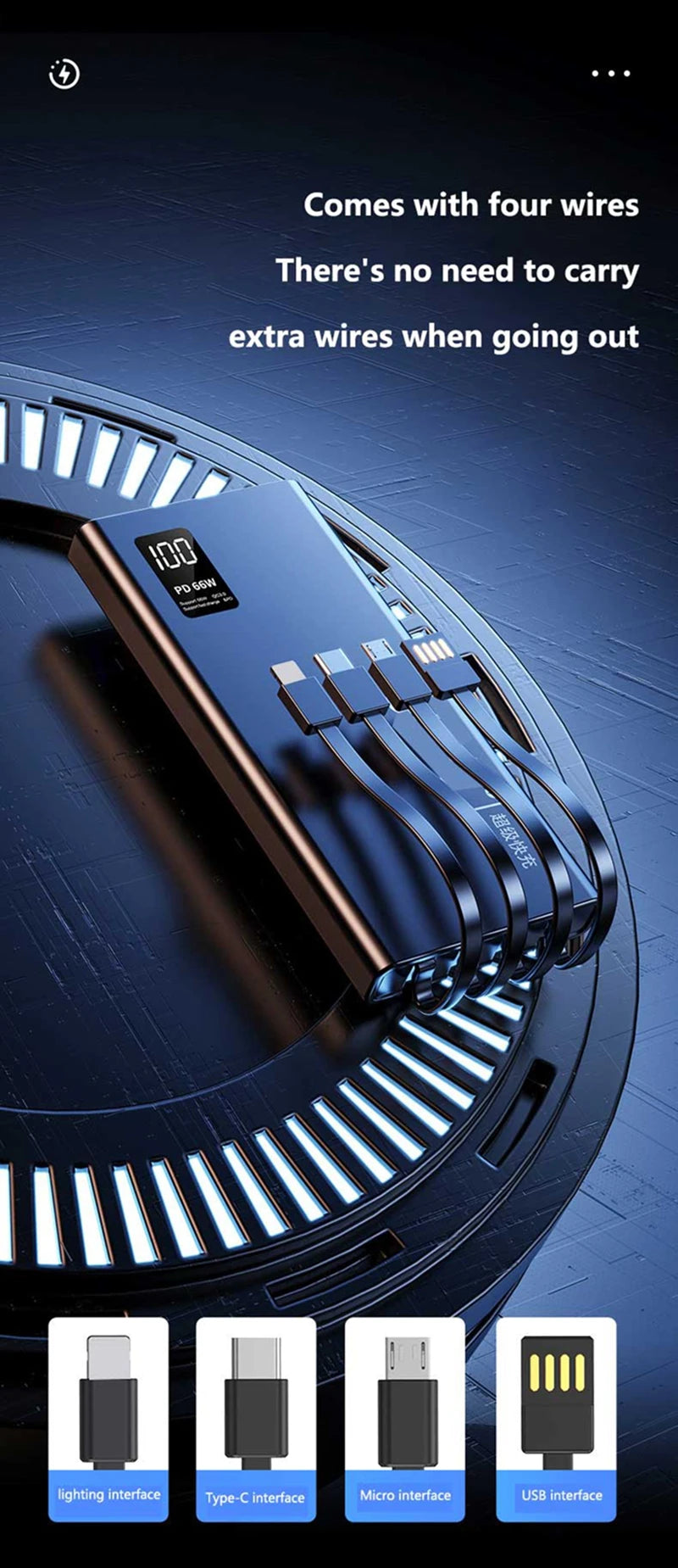 500000mAh Power Bank Built 4 Cables Large Capacity Super Fast Charging Portable External Battery for iPhone Huawei New