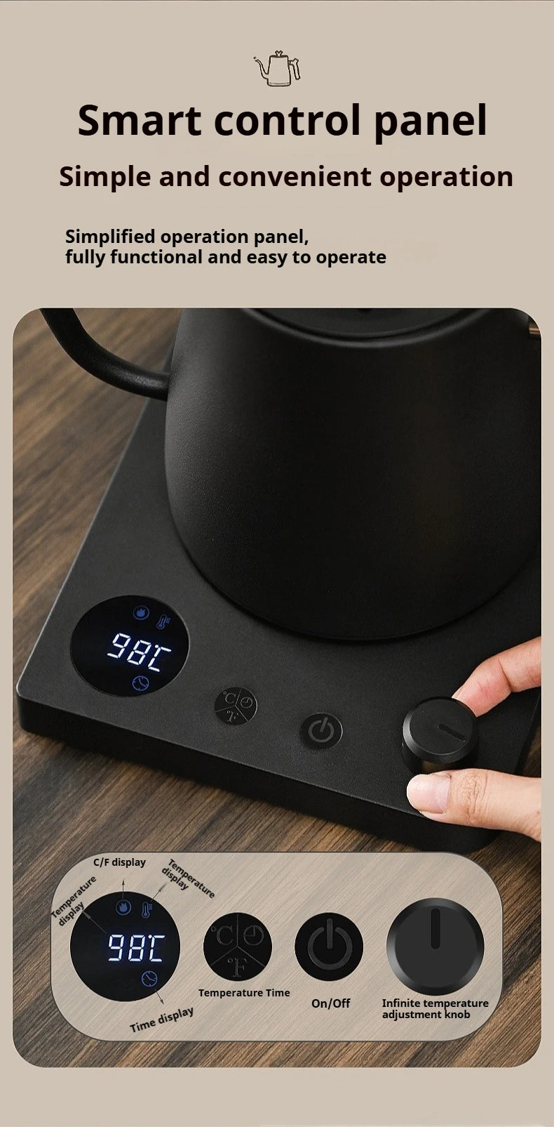 1L Stainless Steel Electric Kettle, Auto Shut-Off, for Pour-Over Coffee/Tea, Smart Temp Control & Mechanical Models