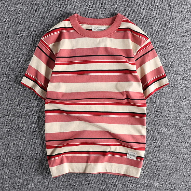 Summer Splicing Pure Cotton Stripe Short Sleeve T-shirt Streetwear Amekaji Heavyweight Casual Male Round Neck Tshirt Tops Tee