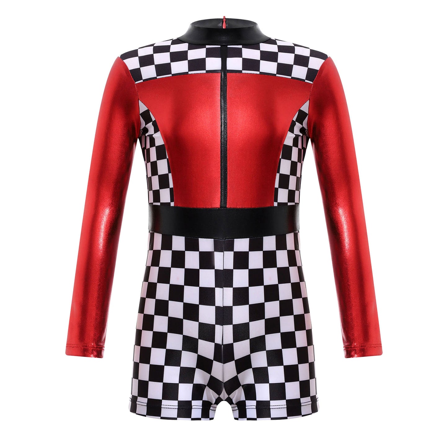 Kids Girls Checkerboard Racer Costume Halloween Car Driver Cosplay Leotard Dress with Tulle Skirt Themed Party Driving Roleplay