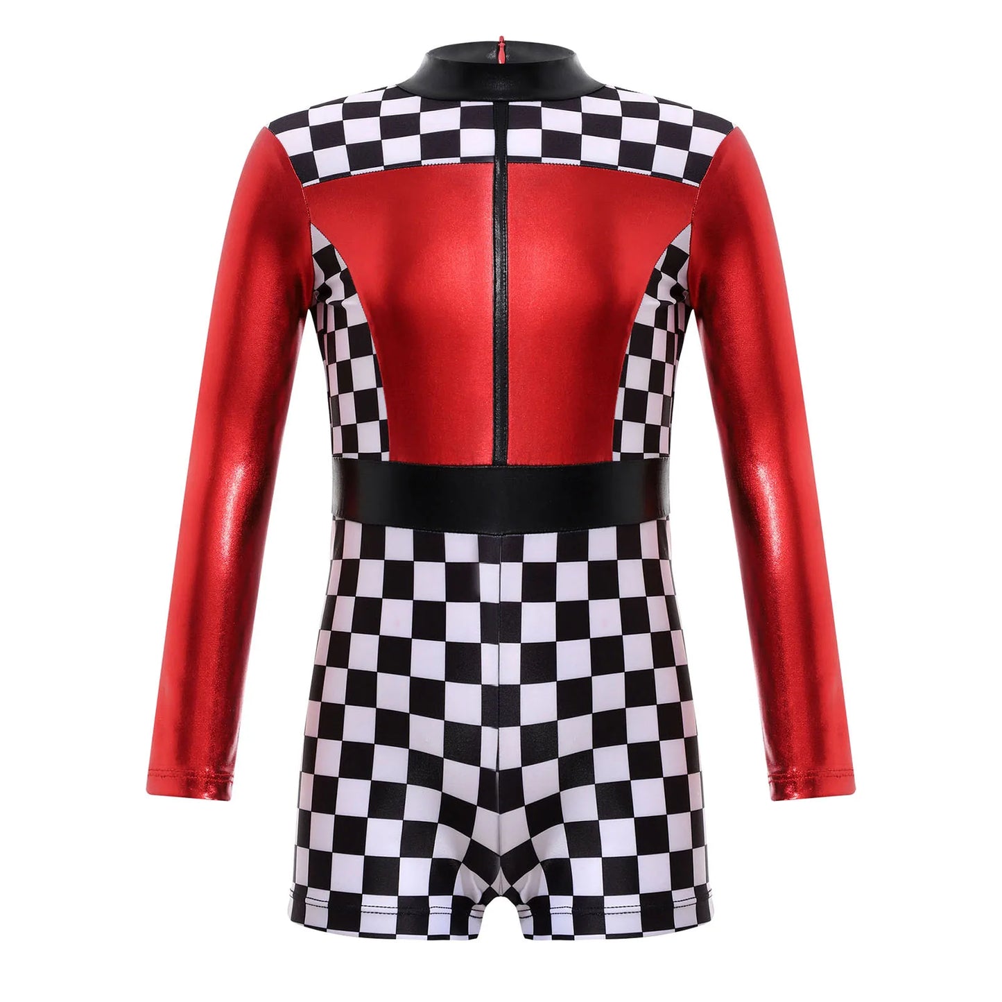 Kids Girls Checkerboard Racer Costume Halloween Car Driver Cosplay Leotard Dress with Tulle Skirt Themed Party Driving Roleplay