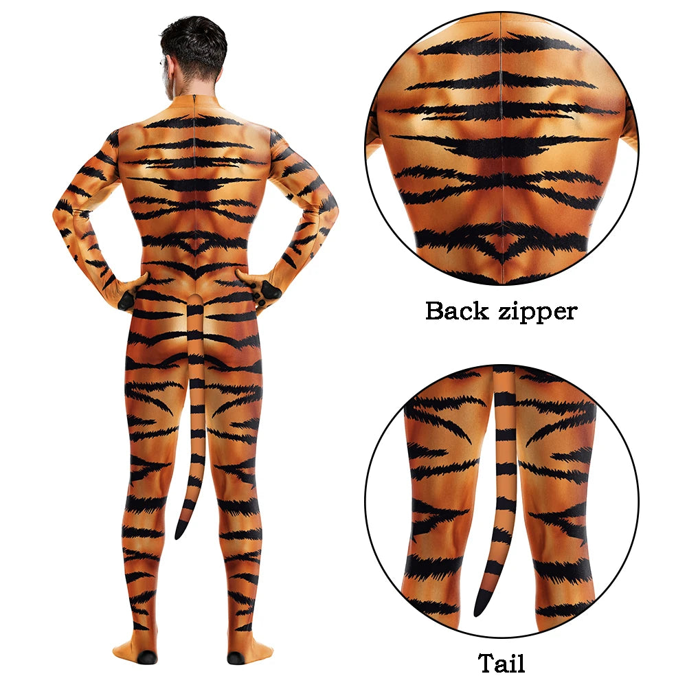 Halloween Cosplay Costume Male Adult Full Cover Elastic Zentai Pet Suit Jumpsuit Print Catsuit Bodysuits with Tail Purim Clothes