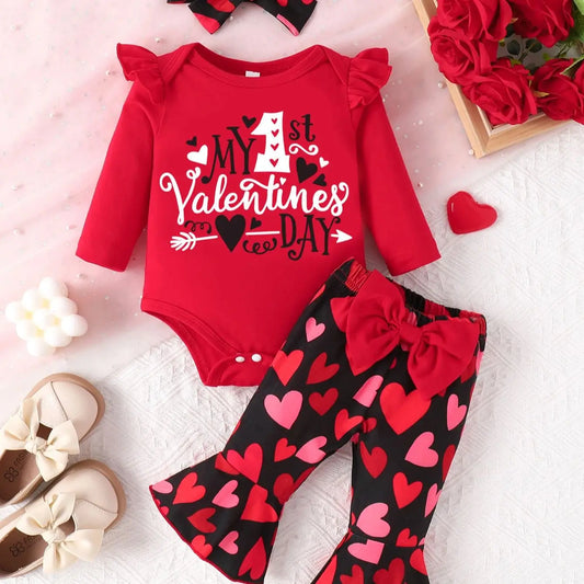 Baby Girl Valentine's Day Red Bodysuit & Heart Print Flared Pants + Headband Set