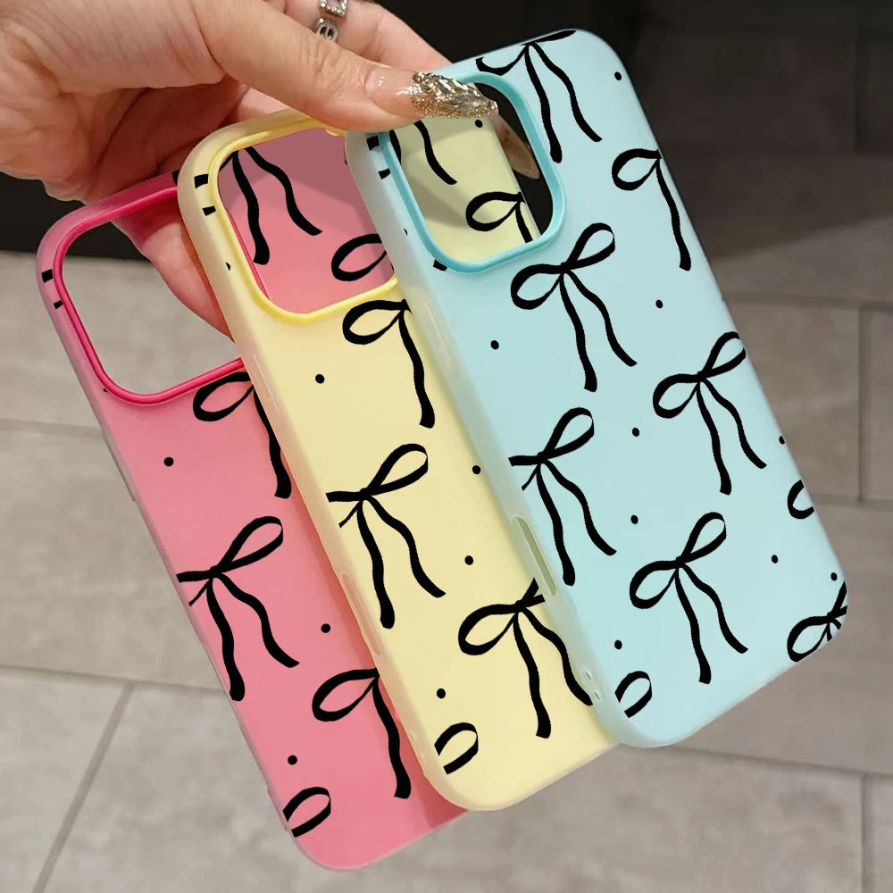 TPU Cute Bow Pattern Pattern Phone Case For iPhone 11 12 13 Pro 14 15 16 17 Pro Max XS 7 8 Plus ShockProof Candy Color INS Cover