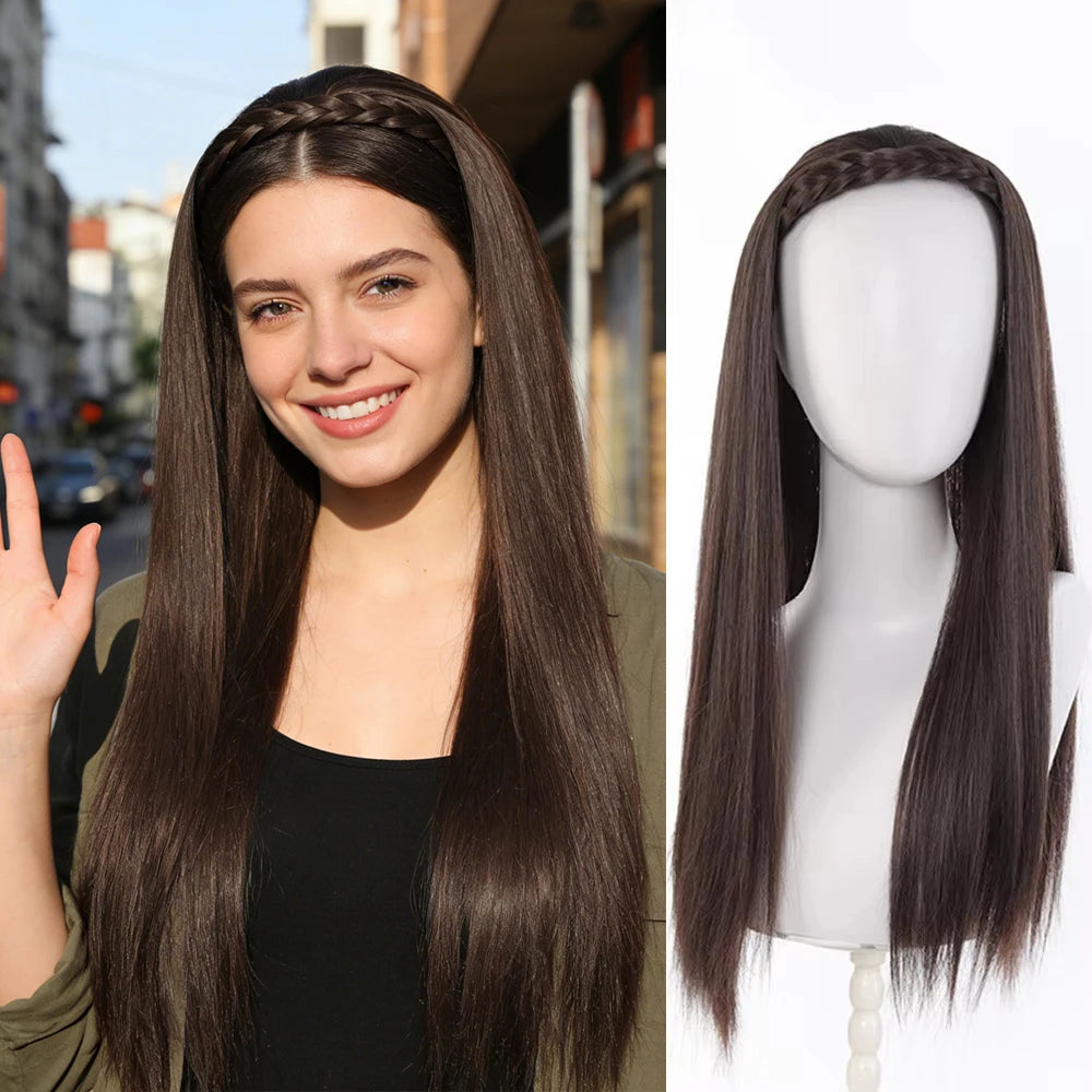 Synthetic Headband Wig 20‘’Long Straight Half Wigs For Women With Headband Heat-Resistant Hair Extensions