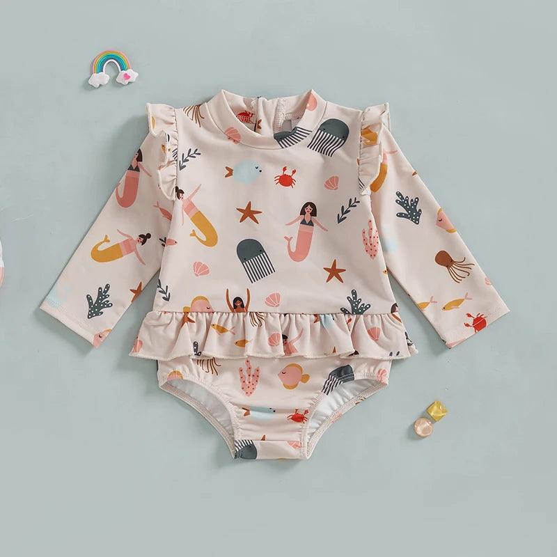 MISOWMNJOY Cute Baby Girls Long Sleeve Swimsuit Beachwear Ocean Elements Print Ruffle Toddler Infant Bathing Suit Swimwear