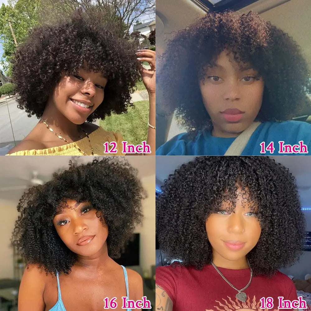 Mongolian Afro Kinky Curly Human Hair Wigs with Bangs Wear To Go Glueless Wig Remy Brazilian Short Curly Bangs Wig Human Hair
