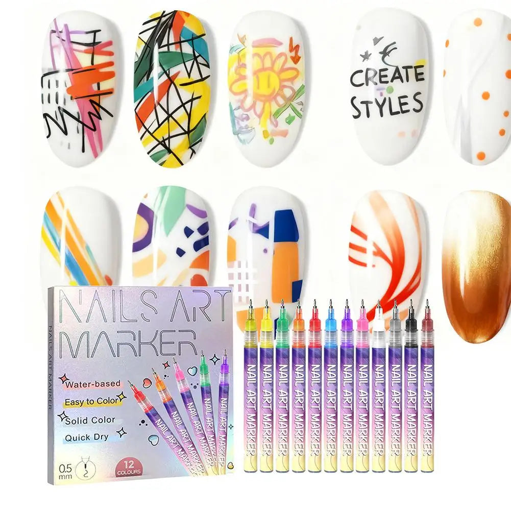 12Pcs/Set Nail Acrylic Graffiti Pen 12 Color Nail Marker Drawing DIY Beauty Nail Art Tools Waterproof and Quick Drying Nail Mark