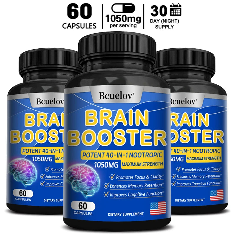 Brain Nutrition Capsules - Dietary Supplement, 40-in-1 Potent Formula, Vegan, Non-GMO, Supports Focus and Brain Health