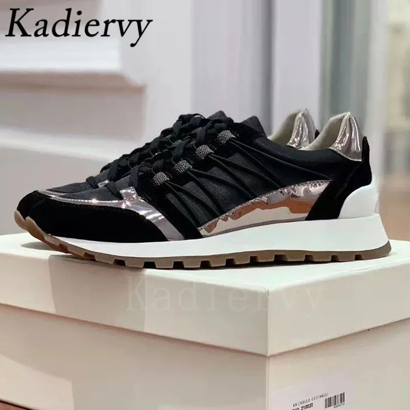 New Casual Shoes Women Suede Patchwork Round Toe Lace Up Genuine Leather Comfy Outdoor Walking Shoes Woman Sneakers Female