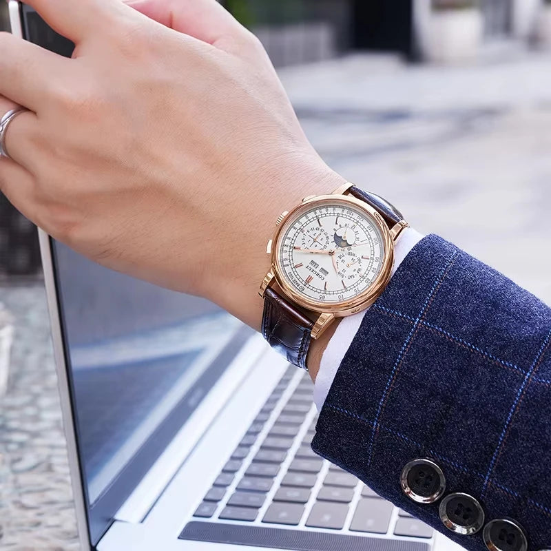 Forsining Retro Mechancial Watches Moon Phase Shanghai Movement Rose Gold Case Brown Leather Strap Luxury Automatic Mens Watch