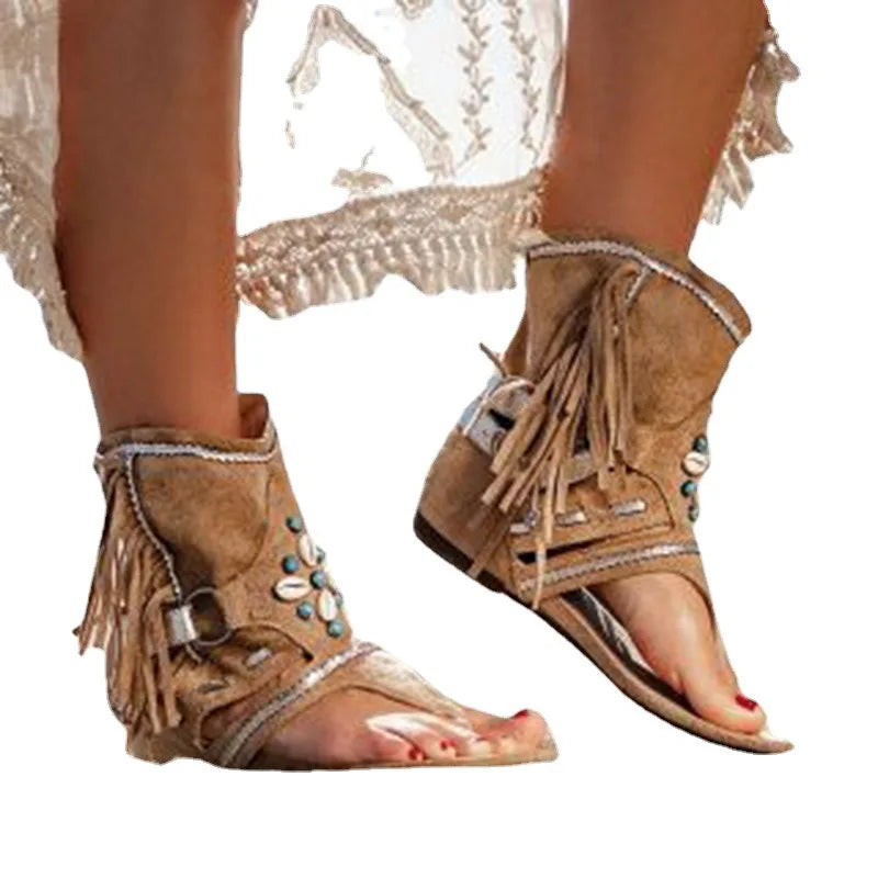 Womens Bohemian Ethinc Style Clip Toe Sandals Summer Breathable Tassel Flat Shoes Comfortable Vacation Beach Sandals Zapatos