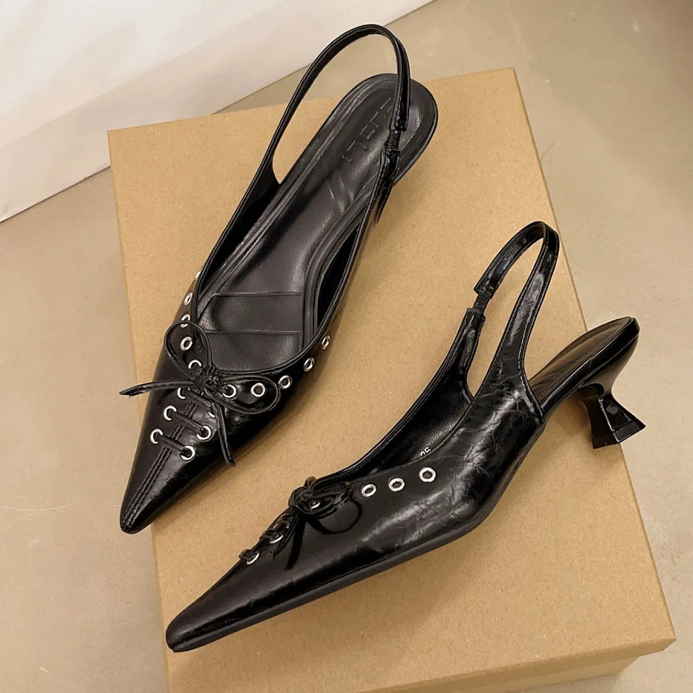 2025 Size 42 Vintage y2k Flowers Black Pointy Toe Slingback Pumps Cross-strap Summer 5cm Kitten Heels White Lady Shoes Women