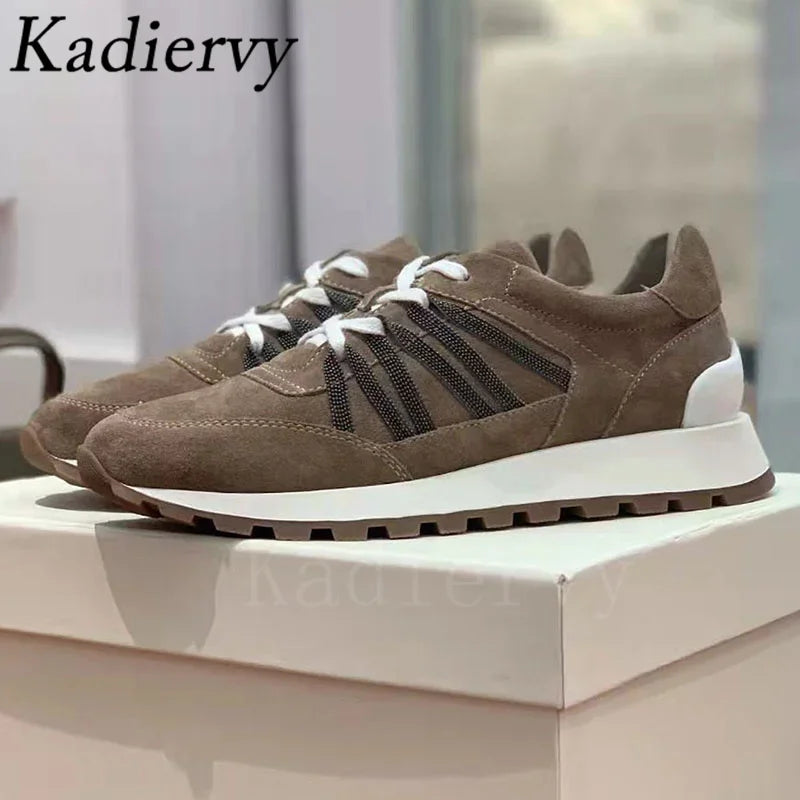New Casual Shoes Women Suede Patchwork Round Toe Lace Up Genuine Leather Comfy Outdoor Walking Shoes Woman Sneakers Female