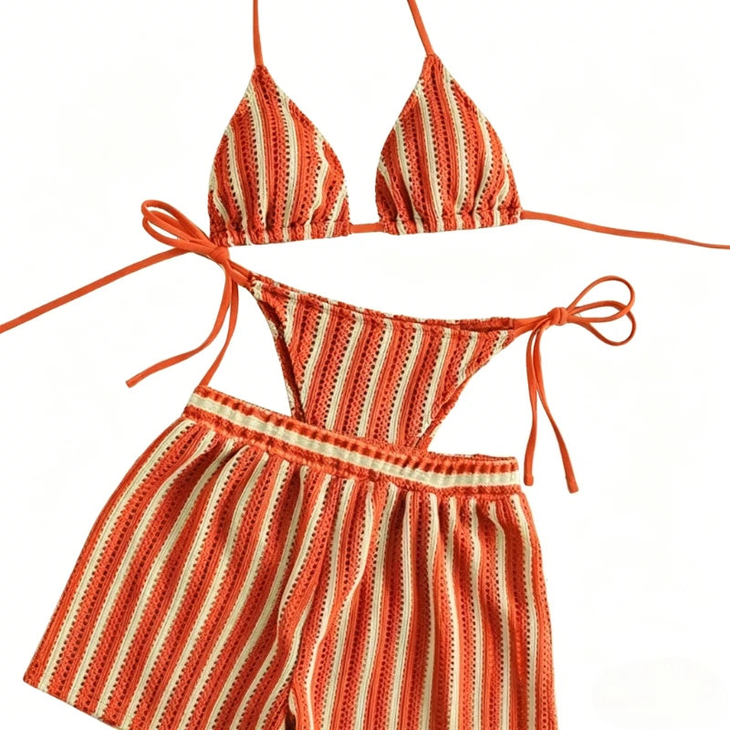 2026 New Style Boxer Shorts Mesh Three-piece Women's Swimsuit Neck Lace-up Bikini Set