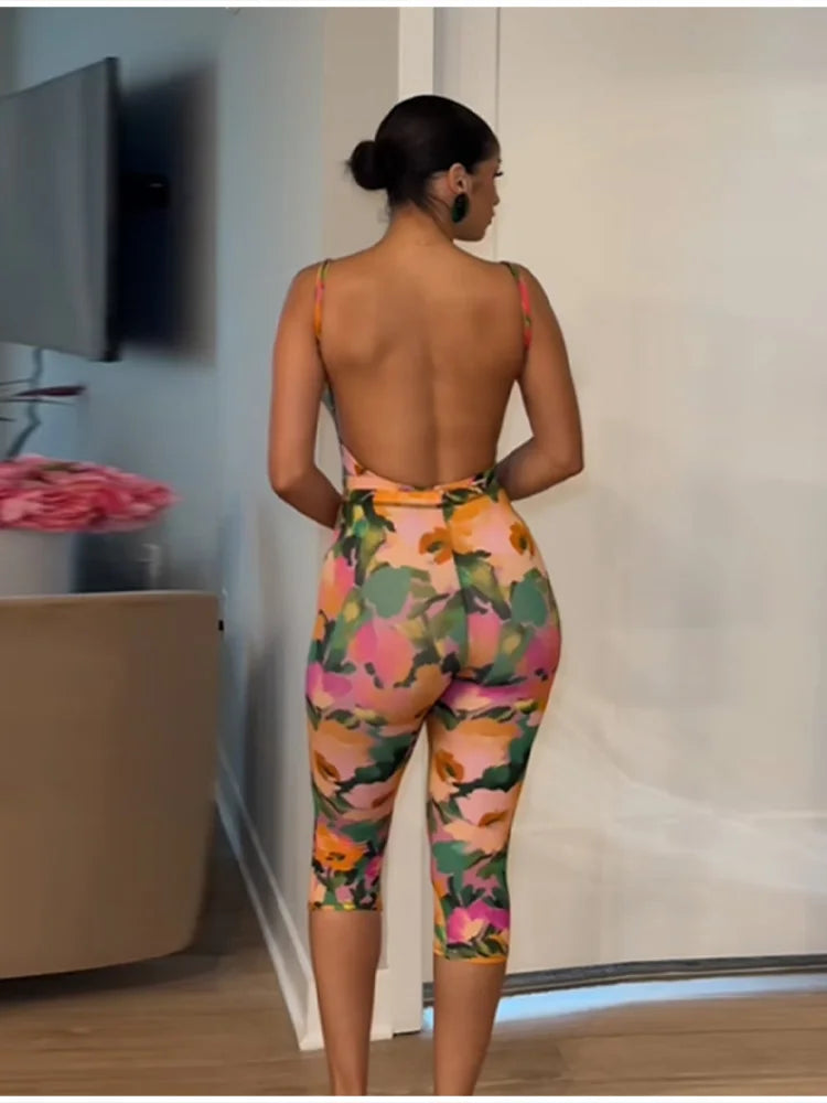 Trendy Bright Set Floral Print Spicy Girls Bodysuit Mid-calf Leggings Slim Fit Women Summer Party Chic Beach Festival Outfits