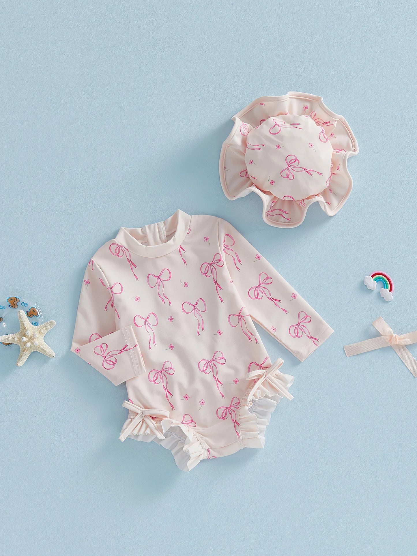Toddler Baby Girl Rash Guard Swimsuit Bow Print Ruffled Long Sleeve Round Neck Beachwear Jumpsuit and Hat Swimwear 2Pcs Set