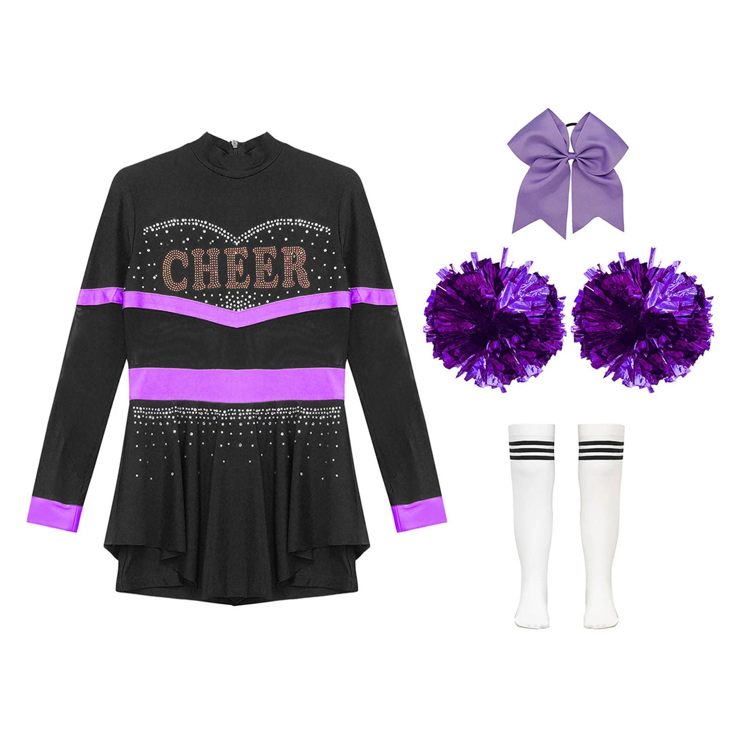 Girls Cheerleader Costume Long Sleeve Cheerleading Uniform Children Cheer Dance Dress Hand Flower Socks Stage Dancewear Sets