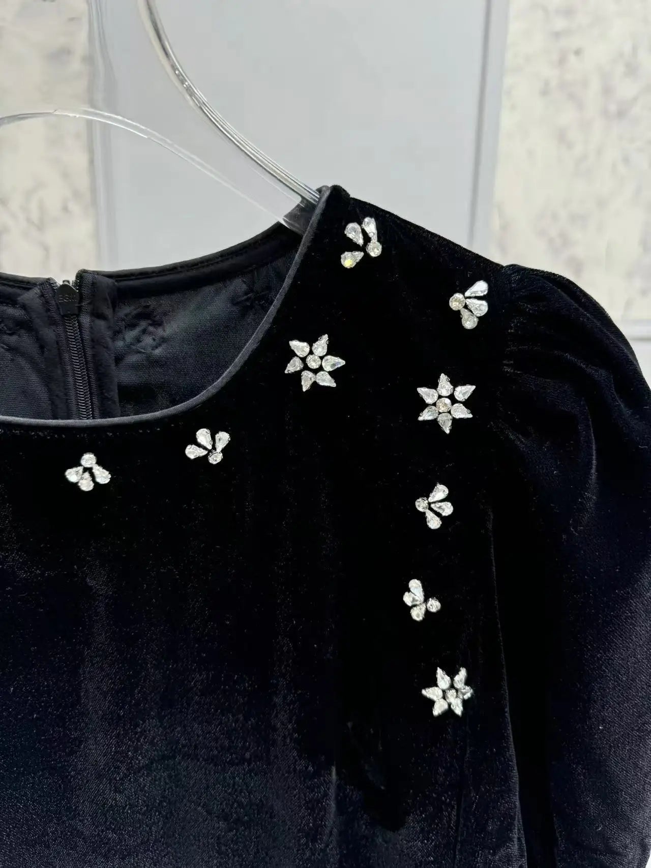 Handmade Nail Beaded Women Velvet Midi Dress Puff Sleeve Slim Waist Female Elegant Evening Dresss Spring Summer