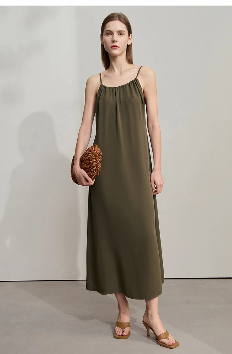 AMII Minimalist Office Lady Dress Women 2025 Summer Female Sleeveless U-neck Solid Adjustable Shoulder Strap Dresses 12542192