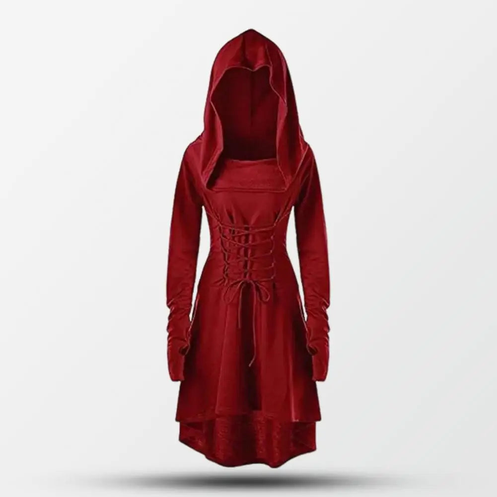 Women Milk Silk Dress Hooded Long Sleeves Lace-up Strap Slim Waist Irregular Hem Women Midi Dress Festival Party Halloween Dress