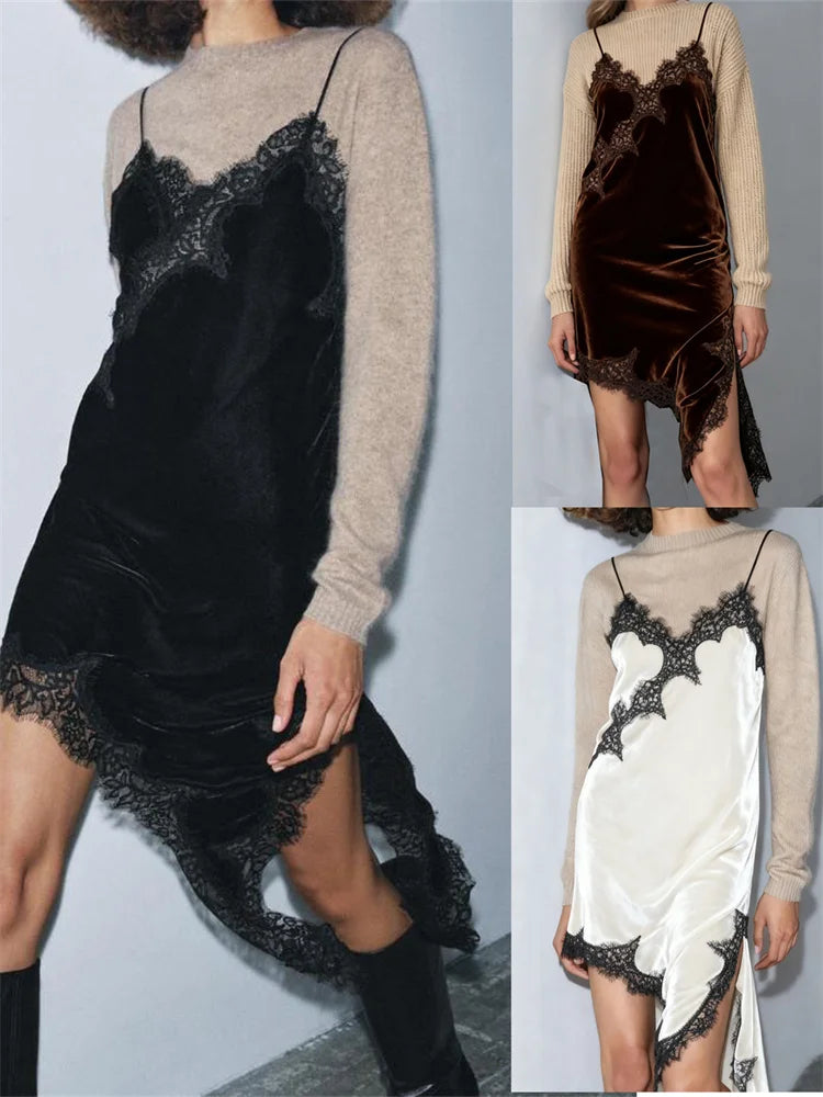 Women Satin Sexy Velvet Lace Spliced Short Sling Dress Sleeveless Backless Asymmetric Sexy Party Dresses Summer Lady Dress ﻿