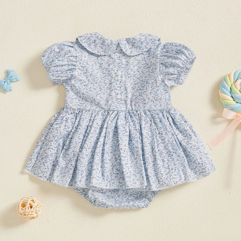 Baby Girls Summer Romper Dress Short Sleeve Bow Embroidery Floral Print Sweet Romper Baby Clothing
