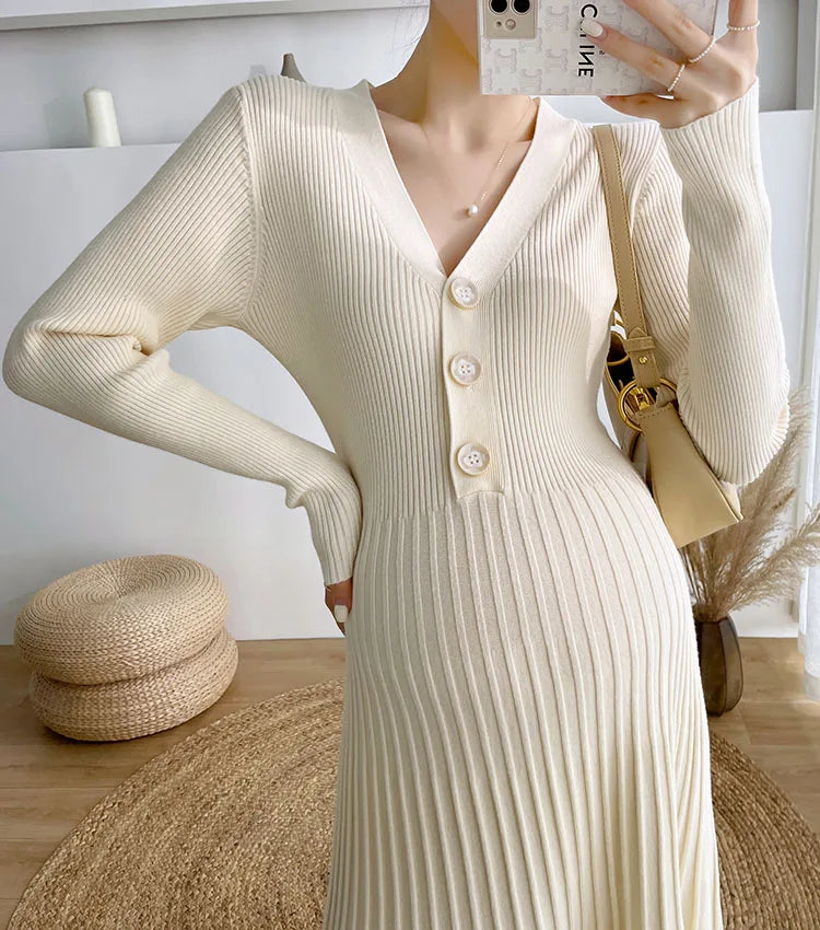 Autumn and Winter Maternity Clothing Long Sleeve V-Neck High Waist Button Fly Pregnancy Knitting Dresses Women Sweaters Knitwear
