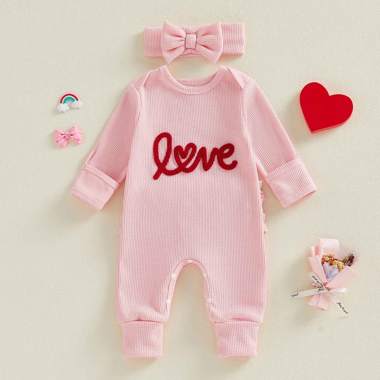 Spring Valentine's Day Infant Baby Girls Bodysuit Waffled Letter Embroidery Long Sleeve Jumpsuit Bow Headband Clothes
