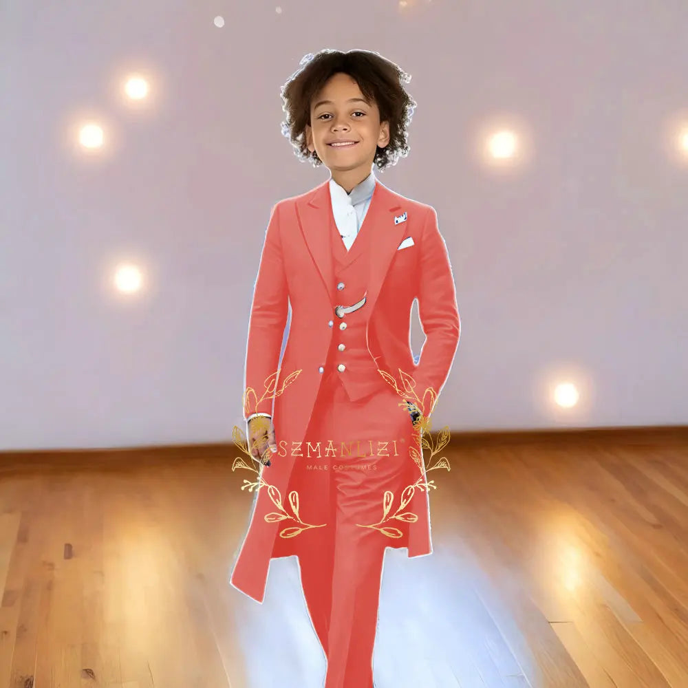 Children Formal Tuxedos Boys Suit Light Grey Long Jacket Vest Pants Sets for Piano Performance Birthday Party Costume Tailored