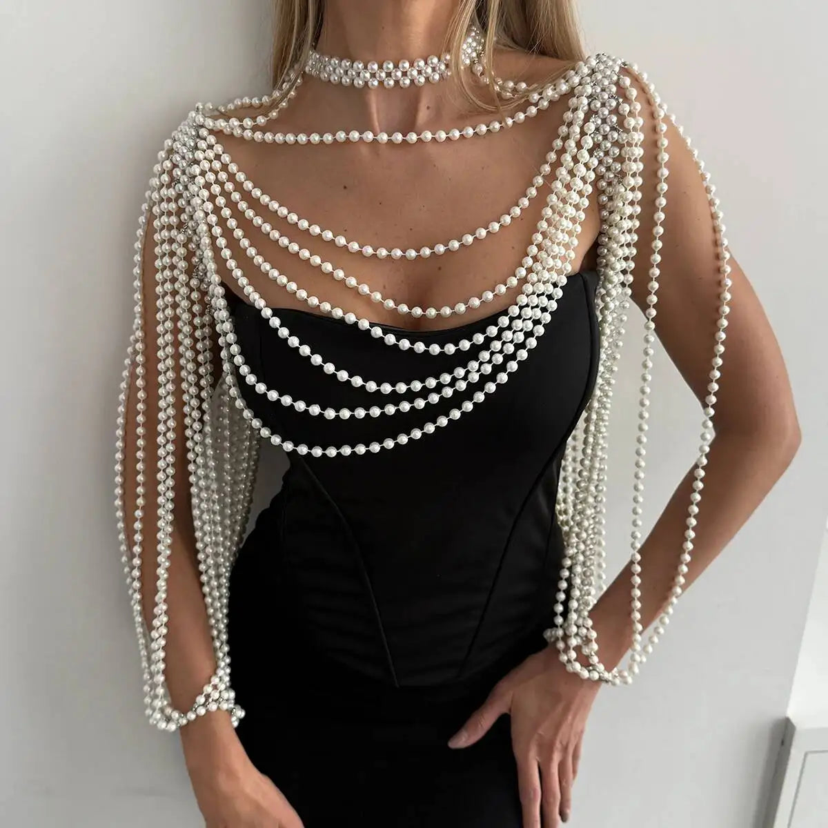 KunJoe Luxury Multi-layer Imitation Pearl Shawl Body Chain Women Elegant Long Necklace Body Jewelry Bride Wedding Accessories