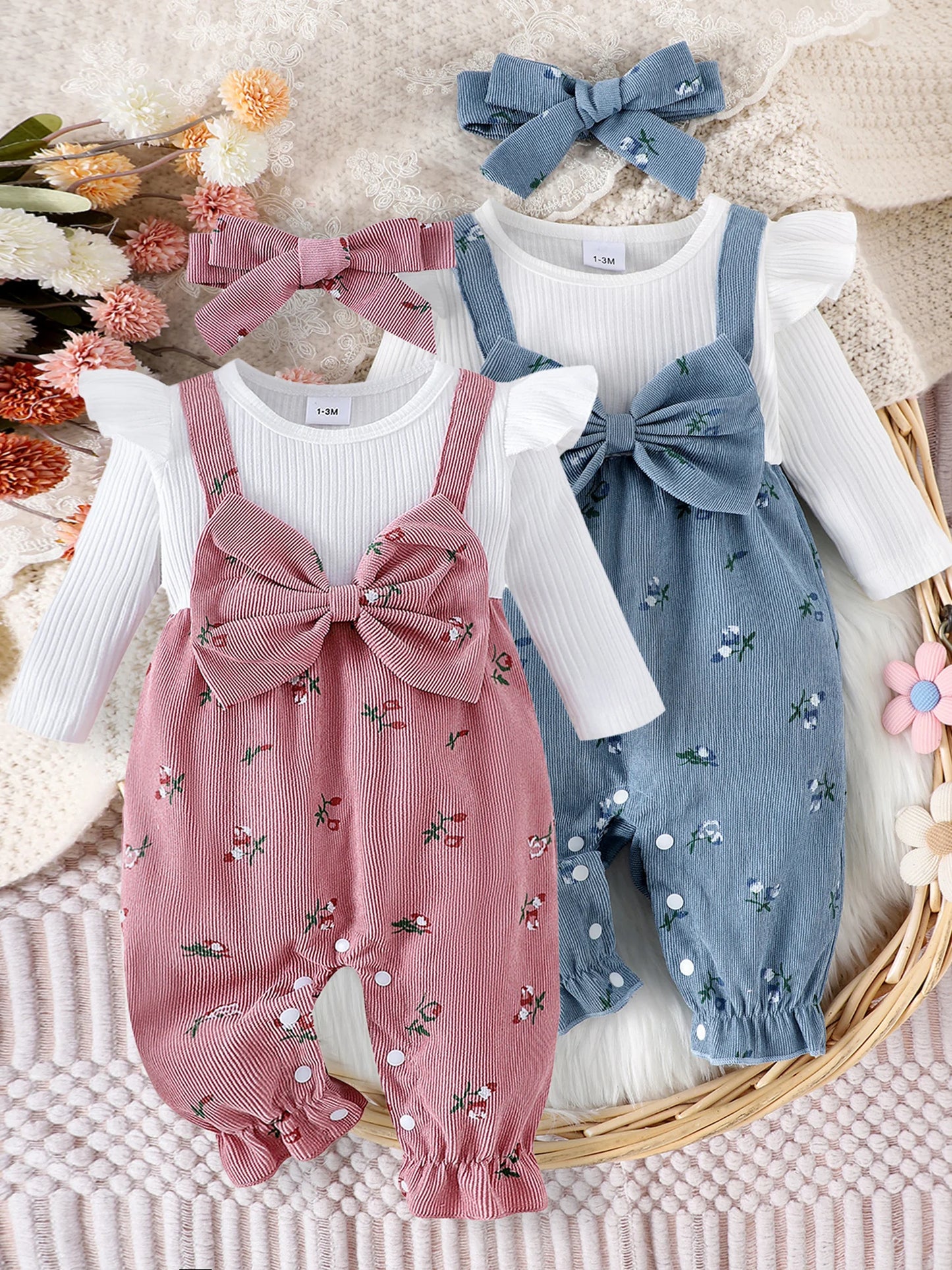 Sweety Baby Girls Long Sleeve Romper Floral Print Fake Two Pieces Patchwork Bow Jumpsuits Headband Set