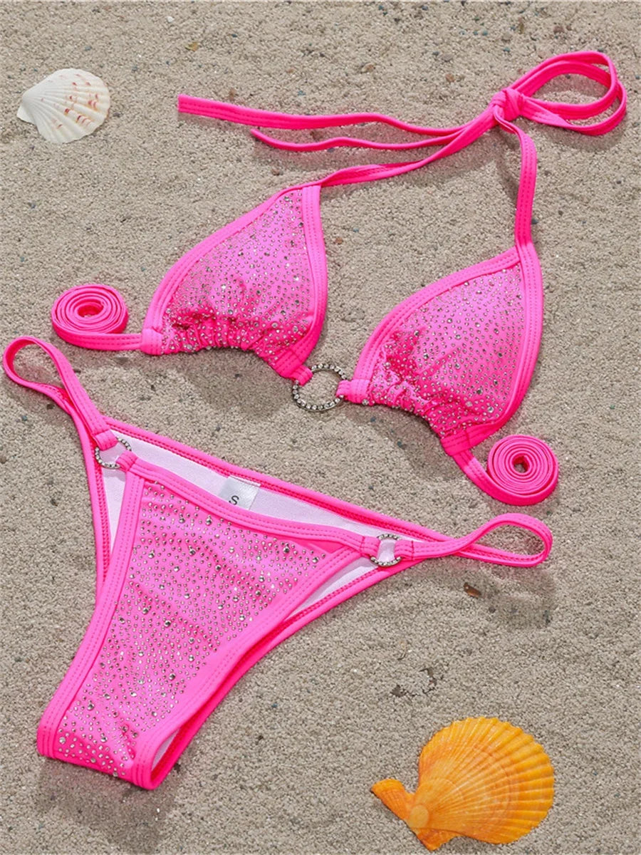 Sexy Sequin Rhinestone Bikini Women Black Diamond Micro Swimwear Braizilian Ring Linked Push Up Bathing Suit Thong Swimsuit 2026