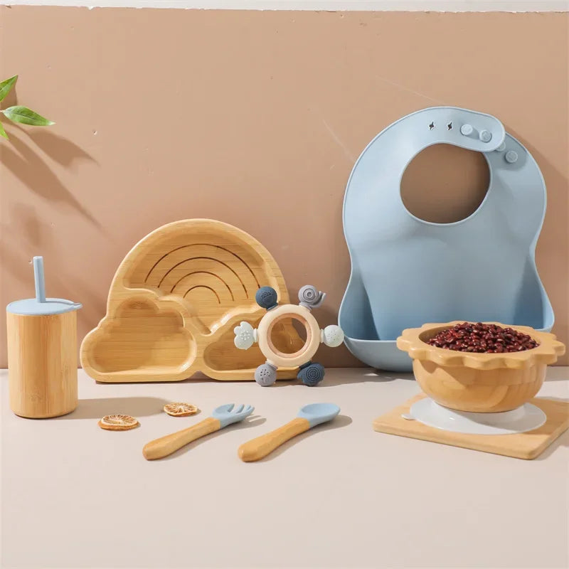 7pcs Silicone Baby Feeding Set Baby Feeding Supplies Kids Bamboo Dinnerware With Cup Children's Dishes Bowl Stuff Tableware Gift