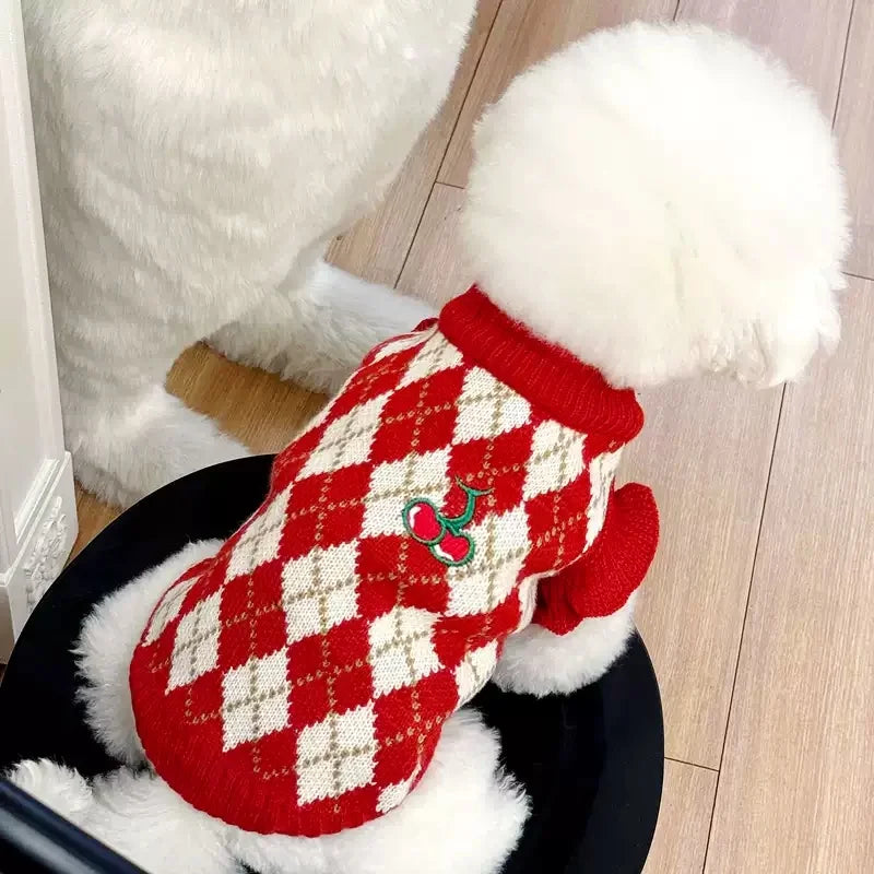 Winter Dog Knit Sweater Soft Dog Clothes Cute Plaid Puppy Sweater Cherry Print Cat Pullovers Pet Warm Turtleneck Poodle Apparel