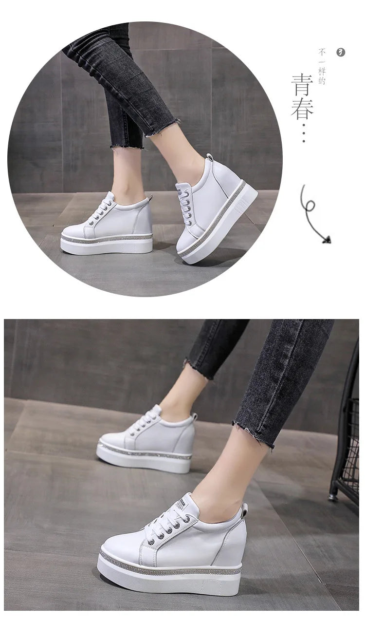 Comemore Internal High Vulcanised Shoes Women Spring Autumn Thick Bottom Casual Single Shoes Lace Up Black White Sneakers Women