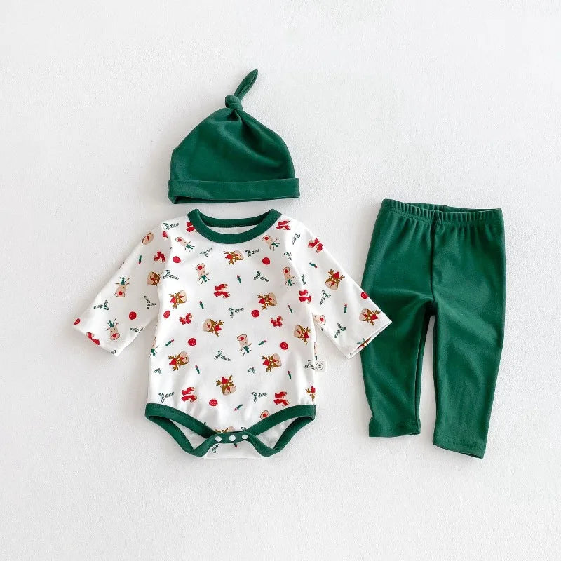New Spring Autumn Baby Christmas Pajamas Set Long Sleeve Santa Print Bodysuit with Pants and Hat Infant Festive Sleepwear B6076
