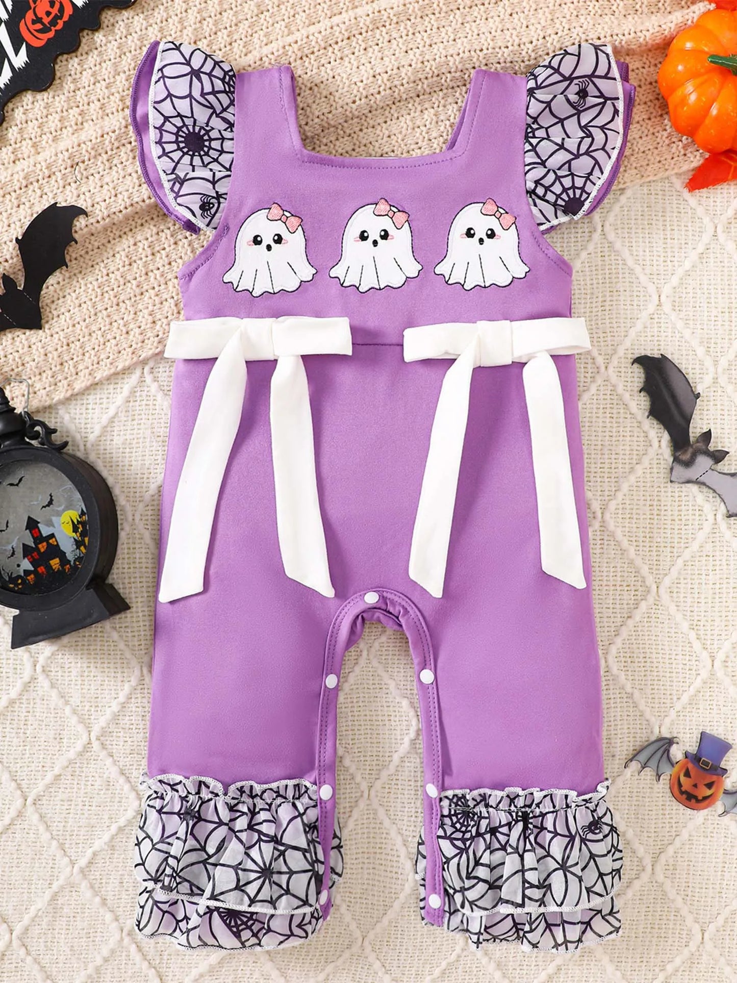 Infant Girls Halloween Theme Party Carnival Pumpkin Ghost Skeleton Cosplay Costume Skull Pumpkin Face Apparition Print Romper