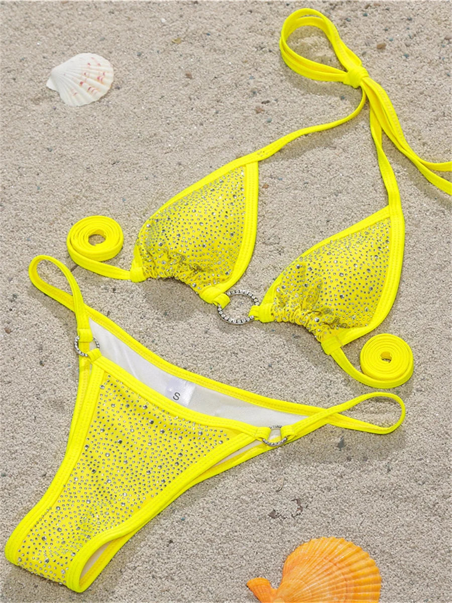 Sexy Sequin Rhinestone Bikini Women Black Diamond Micro Swimwear Braizilian Ring Linked Push Up Bathing Suit Thong Swimsuit 2026