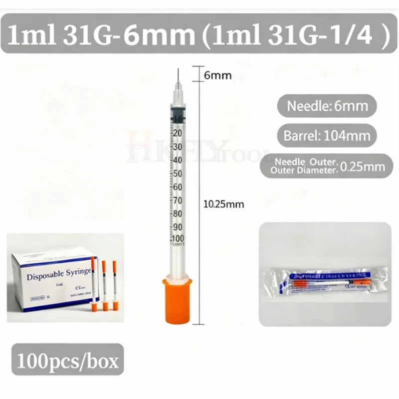 100Pcs 0.3ml/0.5ml/1ml Sterile Individually Syringe 29Gx13mm 31G 8mm 6mm needles for Pet Veterinary Lab Industrial Dispensing