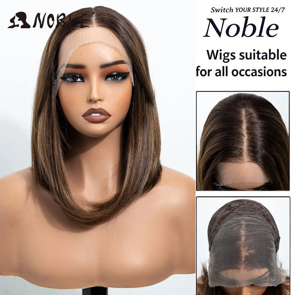 Noble 13x4 Synthetic Lace Front Wigs For Women Short Bob Wig With Bangs Pre Plucked Hairline Heat Resistan Ombre Blonde Lace Wig