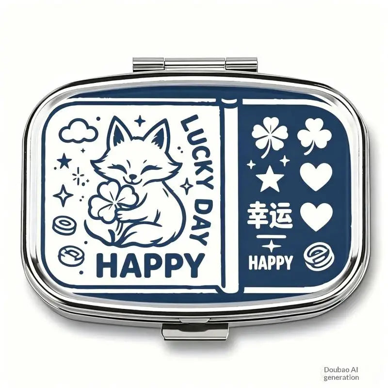 【WA】LUCKY TUNA Sardines Print Metal Pill Box, Portable 2-Compartment Travel Pill Organizer For Vitamins & Pills