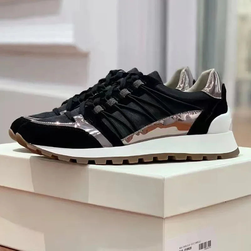 New Casual Shoes Women Suede Patchwork Round Toe Lace Up Genuine Leather Comfy Outdoor Walking Shoes Woman Sneakers Female