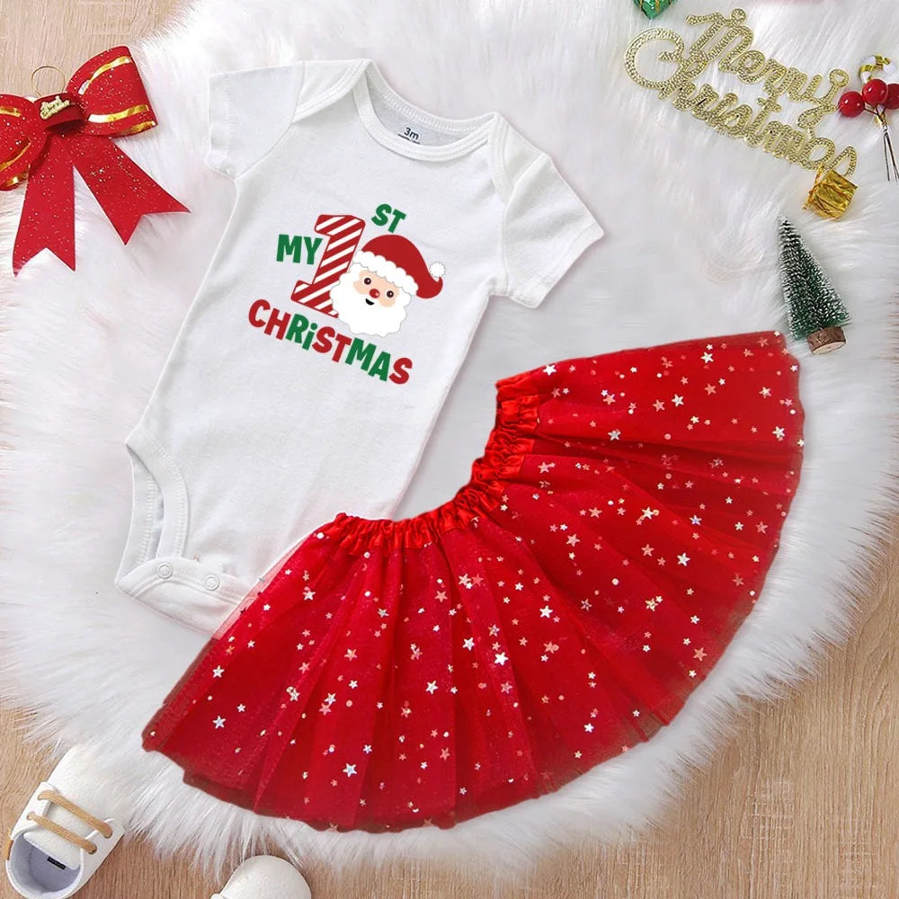 My First Christmas Baby Romper & Tutu Set Deer Print Girls Outfit Infant Baptism  Bodysuit Dress Xmas Outfits Skirt 2pcs